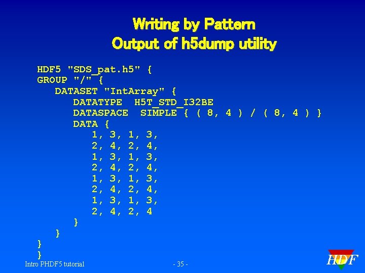 Writing by Pattern Output of h 5 dump utility HDF 5 "SDS_pat. h 5"