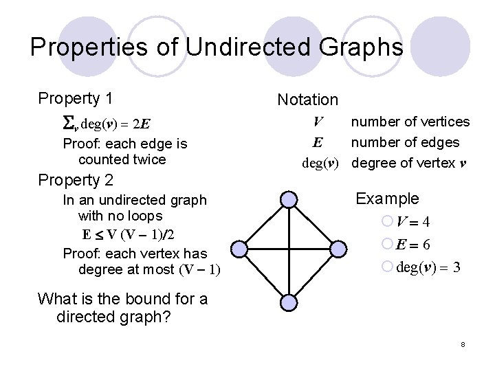 Properties of Undirected Graphs Property 1 v deg(v) = 2 E Proof: each edge