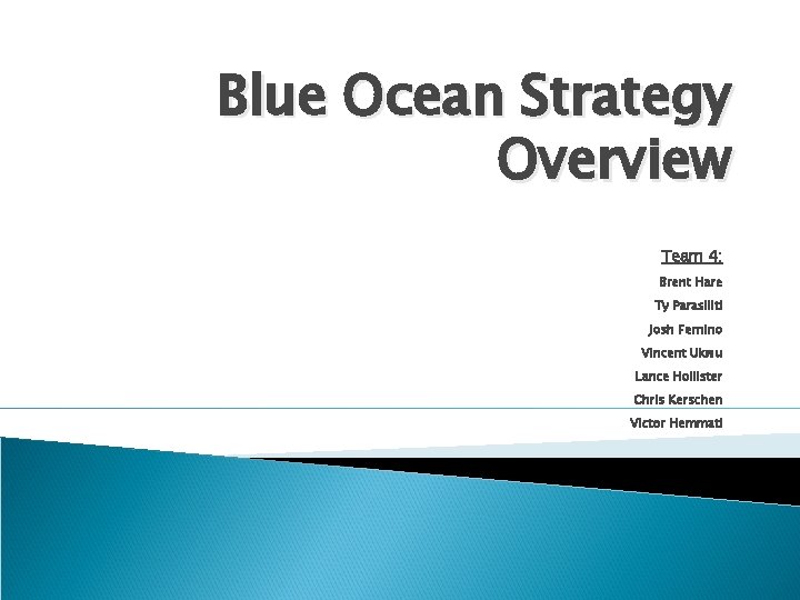 Blue Ocean Strategy Overview Team 4: Brent Hare Ty Parasiliti Josh Fernino Vincent Ukwu