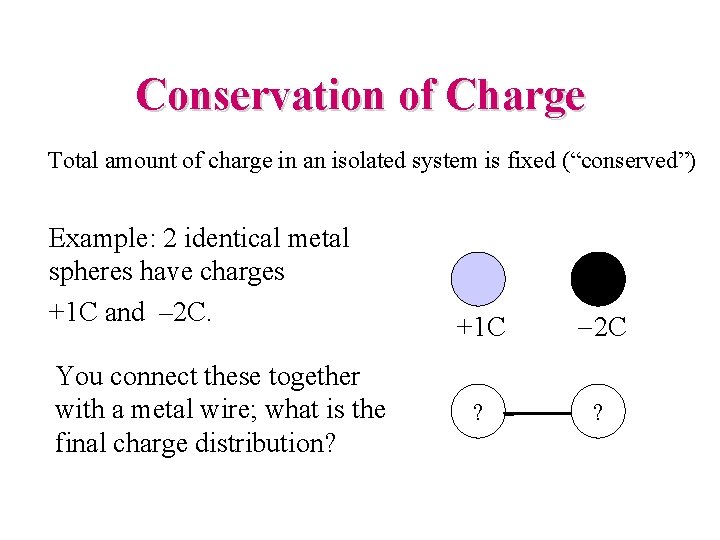 Conservation of Charge Total amount of charge in an isolated system is fixed (“conserved”)