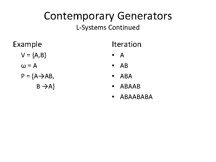 Contemporary Generators L-Systems Continued Example V = {A, B} ω=A P = {A→AB, B