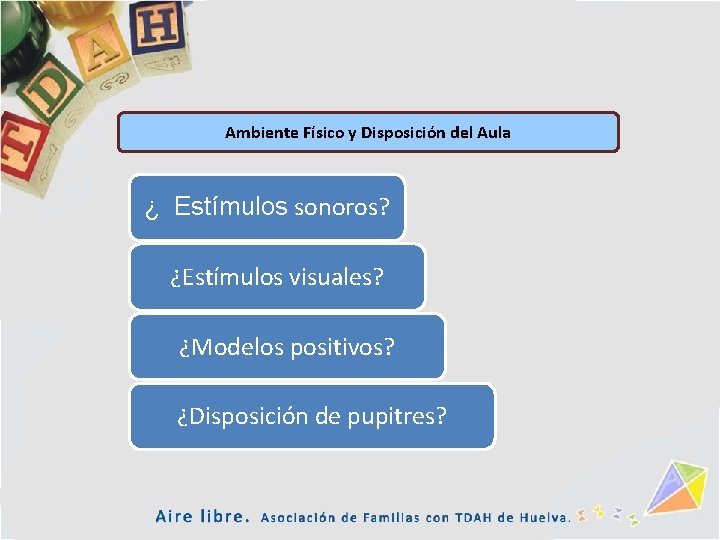 Ambiente Físico y Disposición del Aula ¿ Estímulos sonoros? ¿Estímulos visuales? ¿Modelos positivos? ¿Disposición