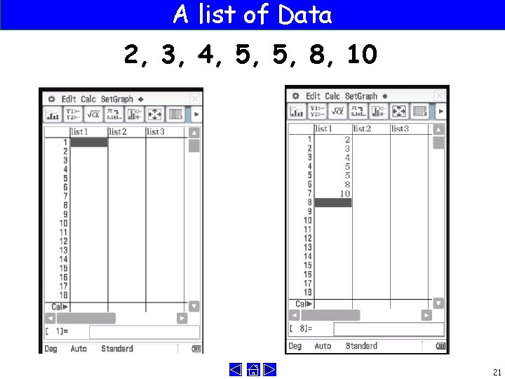 A list of Data 2, 3, 4, 5, 5, 8, 10 21 