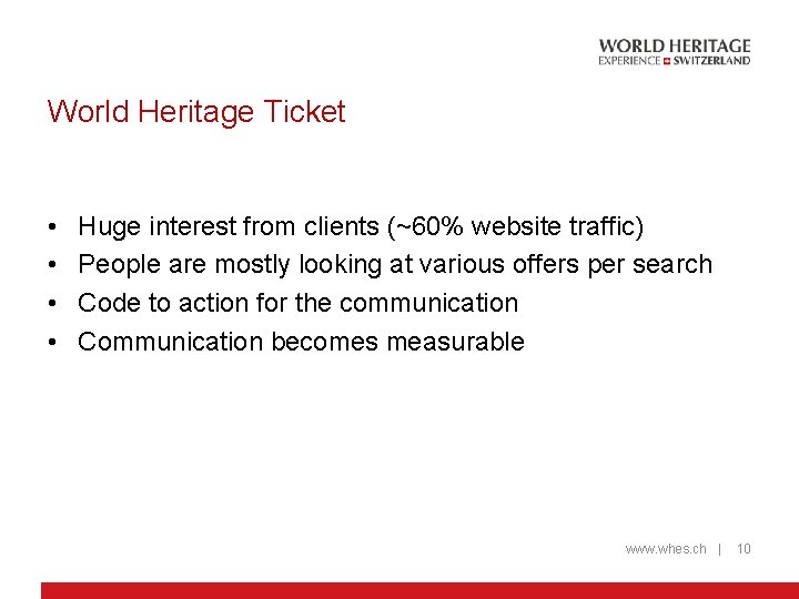 World Heritage Ticket • • Huge interest from clients (~60% website traffic) People are