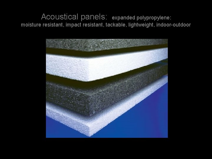 Acoustical panels: expanded polypropylene: moisture resistant, impact resistant, tackable, lightweight, indoor-outdoor 