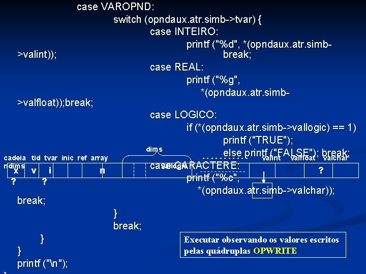 case VAROPND: switch (opndaux. atr. simb->tvar) { case INTEIRO: printf ("%d", *(opndaux. atr. simb>valint));