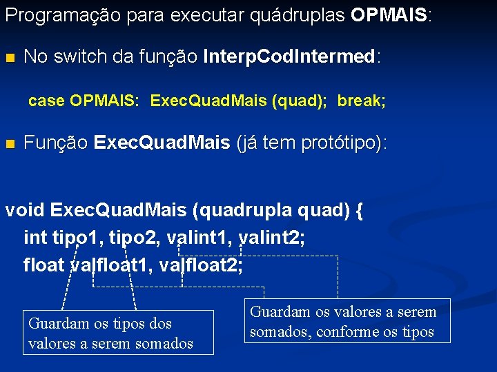 Programação para executar quádruplas OPMAIS: n No switch da função Interp. Cod. Intermed: case