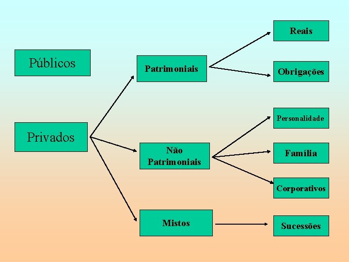 Reais Públicos Patrimoniais Obrigações Personalidade Privados Não Patrimoniais Família Corporativos Mistos Sucessões 