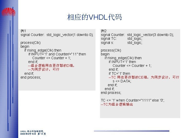 相应的VHDL代码 例1 signal Counter: std_logic_vector(1 downto 0); process(Clk) begin if rising_edge(Clk) then if INPUT=‘