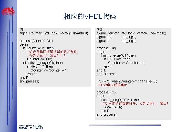 相应的VHDL代码 例1 signal Counter: std_logic_vector(1 downto 0); process(Counter, Clk) begin if Counter=“ 11” then