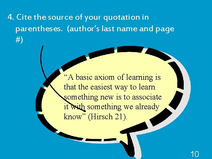 4. Cite the source of your quotation in parentheses. (author’s last name and page