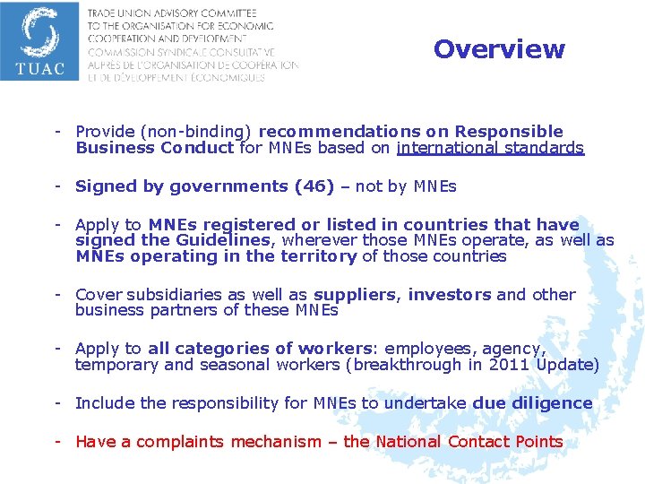 Overview - Provide (non-binding) recommendations on Responsible Business Conduct for MNEs based on international