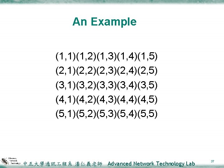 An Example (1, 1)(1, 2)(1, 3)(1, 4)(1, 5) (2, 1)(2, 2)(2, 3)(2, 4)(2, 5)