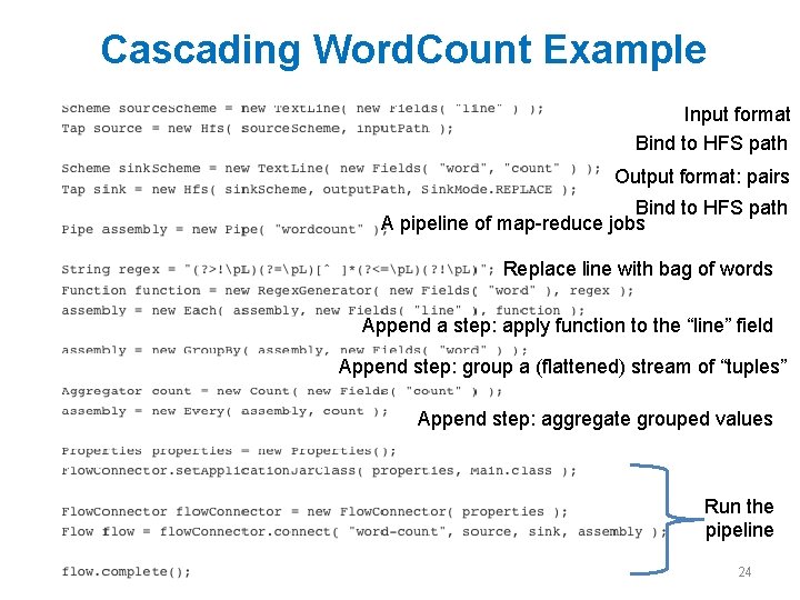 Cascading Word. Count Example Input format Bind to HFS path Output format: pairs Bind