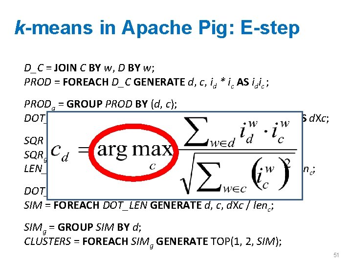 k-means in Apache Pig: E-step D_C = JOIN C BY w, D BY w;