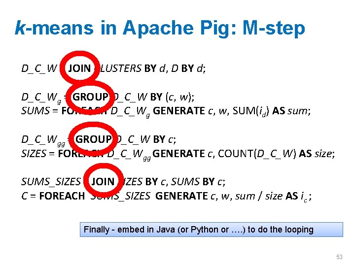 k-means in Apache Pig: M-step D_C_W = JOIN CLUSTERS BY d, D BY d;