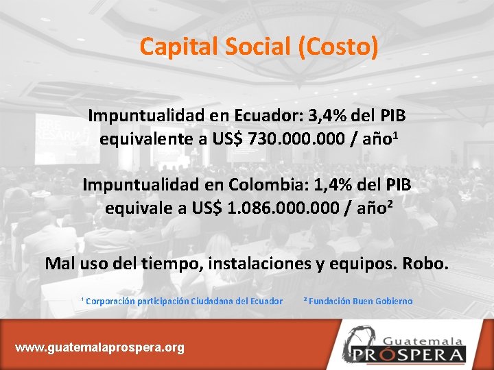Capital Social (Costo) Impuntualidad en Ecuador: 3, 4% del PIB equivalente a US$ 730.