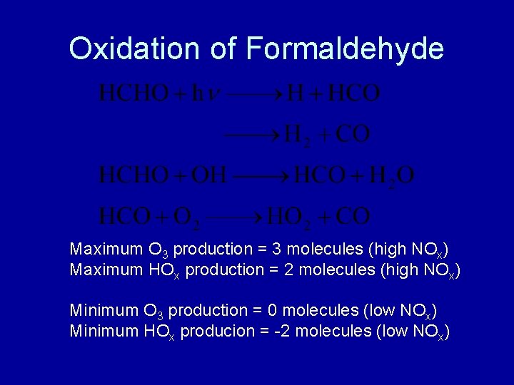 Oxidation of Formaldehyde Maximum O 3 production = 3 molecules (high NOx) Maximum HOx