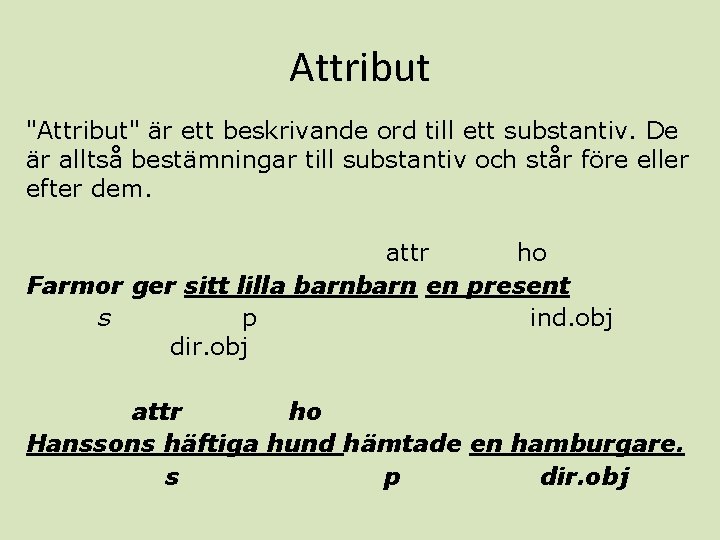 Attribut "Attribut" är ett beskrivande ord till ett substantiv. De är alltså bestämningar till