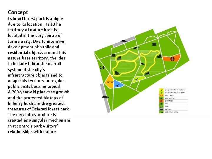 Concept Dzintari forest park is unique due to its location. Its 13 ha territory