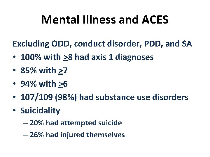 Mental Illness and ACES Excluding ODD, conduct disorder, PDD, and SA • 100% with