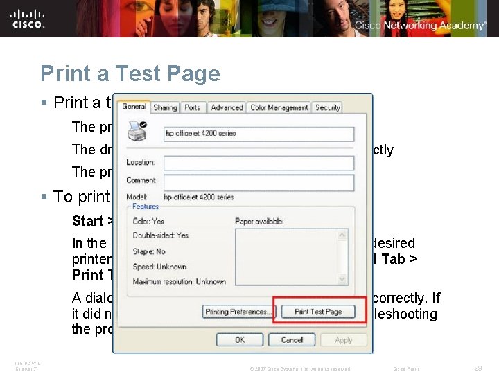 Print a Test Page § Print a test page to verify the following: The