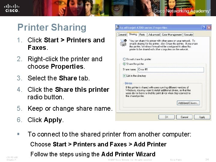 Printer Sharing 1. Click Start > Printers and Faxes. 2. Right-click the printer and