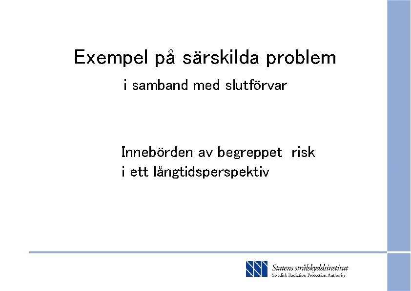 Exempel på särskilda problem i samband med slutförvar Innebörden av begreppet risk i ett