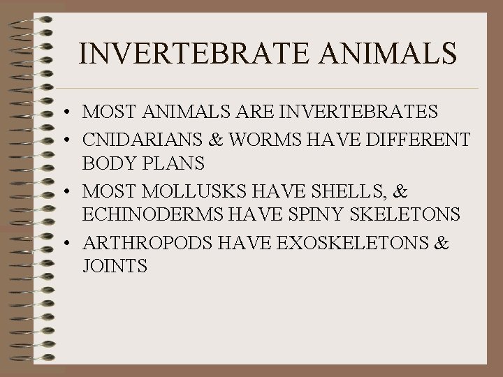 INVERTEBRATE ANIMALS • MOST ANIMALS ARE INVERTEBRATES • CNIDARIANS & WORMS HAVE DIFFERENT BODY