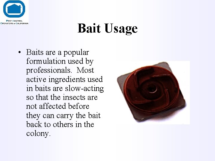 Bait Usage • Baits are a popular formulation used by professionals. Most active ingredients