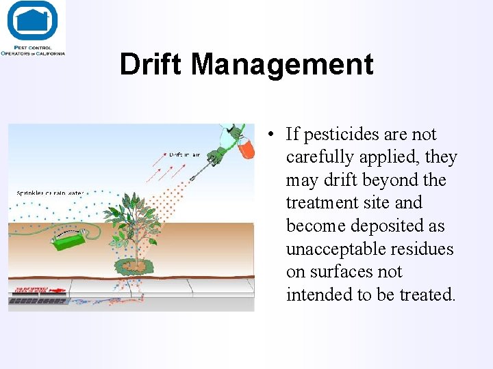 Drift Management • If pesticides are not carefully applied, they may drift beyond the