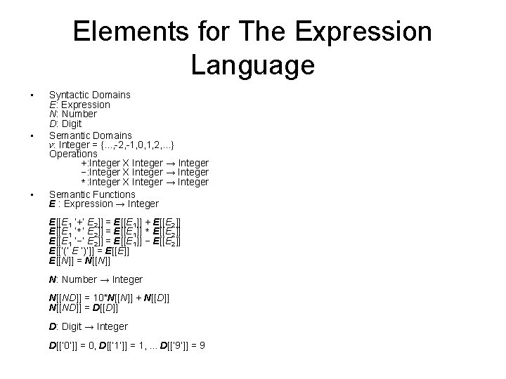 Elements for The Expression Language • • • Syntactic Domains E: Expression N: Number