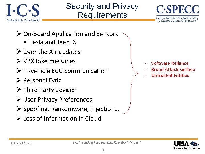 Security and Privacy Requirements Ø On-Board Application and Sensors • Tesla and Jeep X Security and Privacy Requirements Ø On-Board Application and Sensors • Tesla and Jeep X