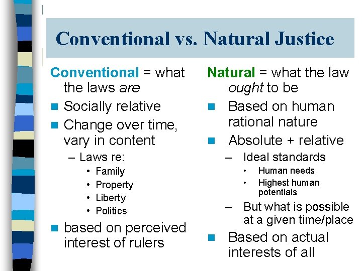 Conventional vs. Natural Justice Conventional = what the laws are n Socially relative n