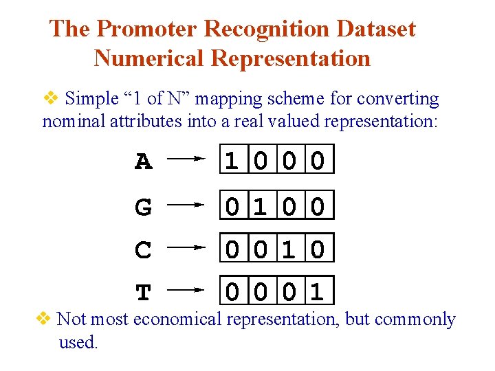 The Promoter Recognition Dataset Numerical Representation v Simple “ 1 of N” mapping scheme