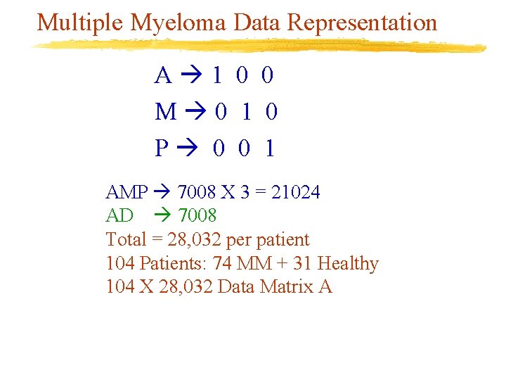 Multiple Myeloma Data Representation A 1 0 0 M 0 1 0 P 0