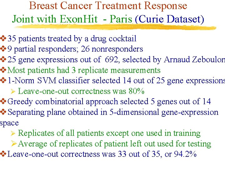 Breast Cancer Treatment Response Joint with Exon. Hit - Paris (Curie Dataset) v 35