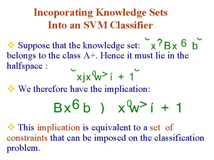Incoporating Knowledge Sets Into an SVM Classifier v Suppose that the knowledge set: belongs
