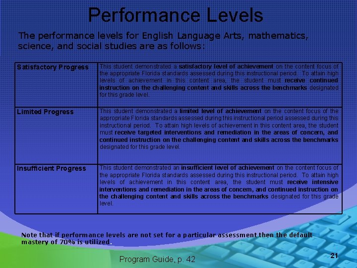 Performance Levels The performance levels for English Language Arts, mathematics, . science, and social