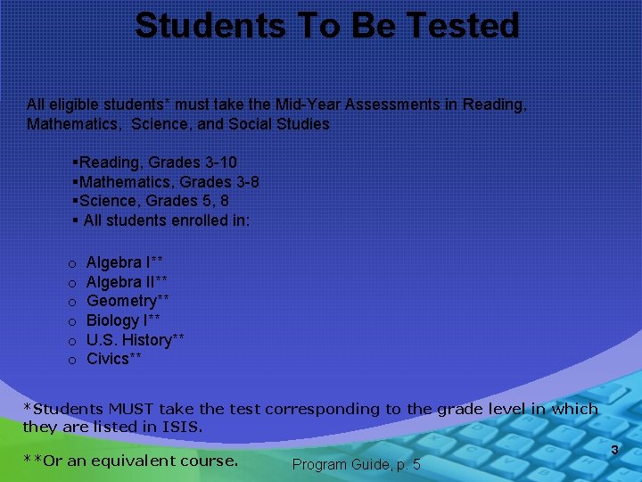 Students To Be Tested All eligible students* must take the Mid-Year Assessments in Reading,