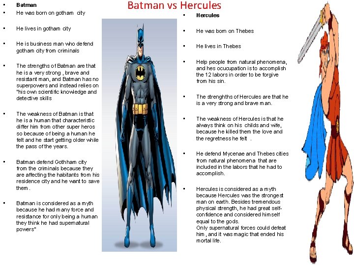  • • Batman He was born on gotham city • Batman vs Hercules