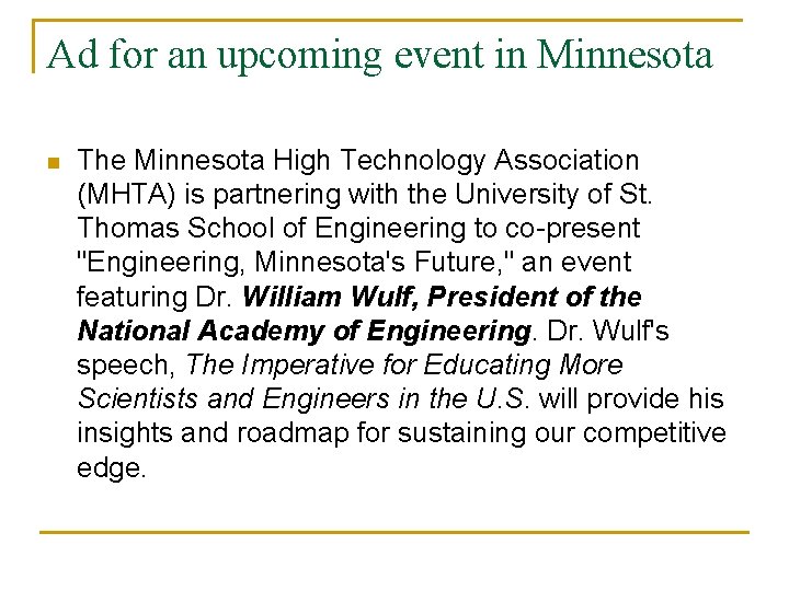 Ad for an upcoming event in Minnesota n The Minnesota High Technology Association (MHTA)