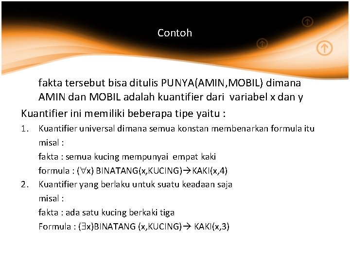 Contoh fakta tersebut bisa ditulis PUNYA(AMIN, MOBIL) dimana AMIN dan MOBIL adalah kuantifier dari