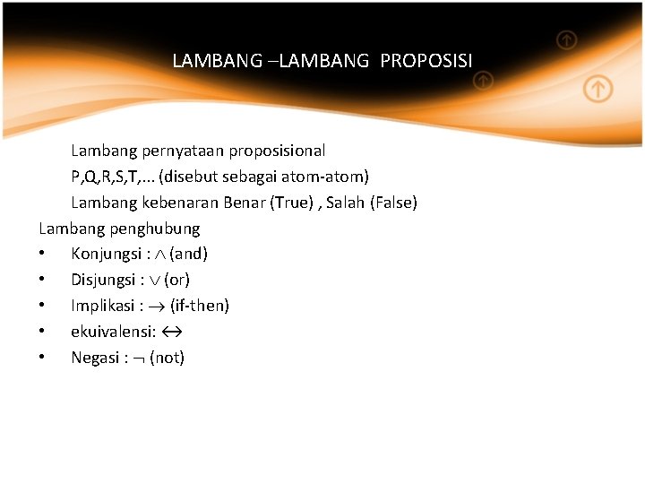 LAMBANG –LAMBANG PROPOSISI Lambang pernyataan proposisional P, Q, R, S, T, . . . LAMBANG –LAMBANG PROPOSISI Lambang pernyataan proposisional P, Q, R, S, T, . . .