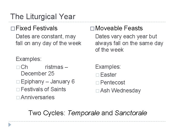 The Liturgical Year � Fixed Festivals Dates are constant, may fall on any day