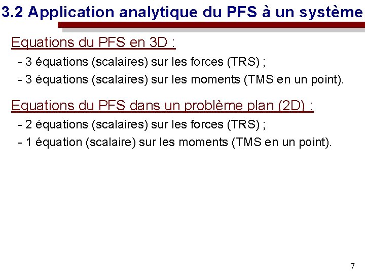 3. 2 Application analytique du PFS à un système Equations du PFS en 3