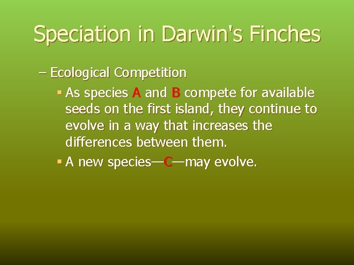 Speciation in Darwin's Finches – Ecological Competition § As species A and B compete