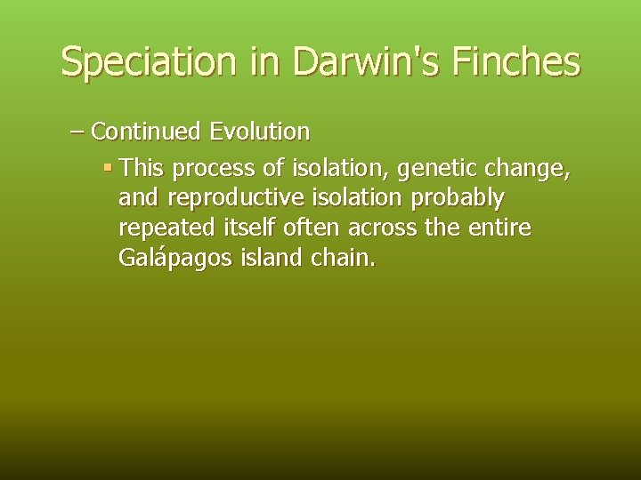 Speciation in Darwin's Finches – Continued Evolution § This process of isolation, genetic change,