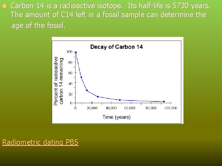n Carbon 14 is a radioactive isotope. Its half-life is 5730 years. The amount