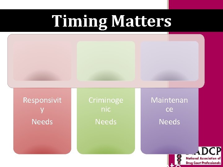 Key Moments NADCP History Timingin. Matters Responsivit y Needs Criminoge nic Needs Maintenan ce